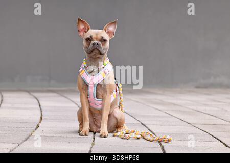 Niedliche französische Bulldogge mit einem Y-förmigen Hundegeschirr, Leine und Halskette vor der grauen Wand Stockfoto