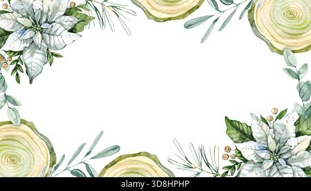 Aquarellrahmen mit weißen Weihnachtsstern, Holzscheiben und Grün. Eleganter botanischer Winterrand für Weihnachtskarten, Einladungen und rustikalen Urlaub Stockfoto