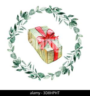 Geschenkbox mit rotem Band in einem Eukalyptuskranz. Festliche Illustration ideal für Weihnachtsmotive, Grußkarten, Verpackung Stockfoto
