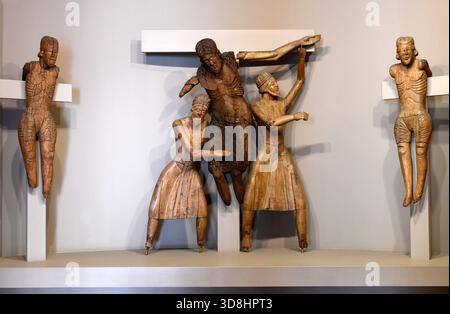 Abstieg von Erill la Vall (Kirche Santa Eulàlia), romanisch, 12.-13. Jahrhundert. Holzskulpturen. MEV, Vic, Osona, Barcelona, Katalonien, Spanien. Stockfoto