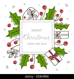 Weihnachtsrahmen mit holly Beeren, Geschenken und Schneeflocken. Weihnachtskarten-Design mit traditionellen Winterelementen zum Feiern. Hintergrund für Neujahr mit Platz für Text. Quadratische Vorlage für Grußworte Stock Vektor