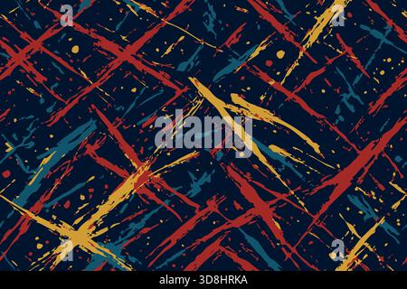 Nahtloses energetisches Pinselstrichmuster mit roten, gelben und blauen Farben auf dunklem Hintergrund. Stock Vektor