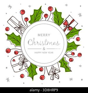 Weihnachtlicher runder Rahmen mit stechpalme, roten Beeren, Geschenkboxen und Schneeflocken. Weihnachtskartendesign zur Feier der Wintersaison. Hintergrund für Neujahr mit Platz für eine Textnachricht. Stock Vektor