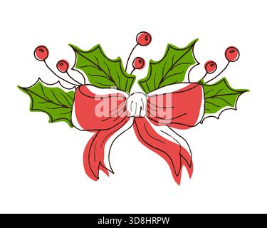 Rote Weihnachtskritzelschleife mit grünen stechpalmenblättern und roten Beeren. Weihnachtsdekorationselement für Grußkarten und Einladungen. Dekorative Weihnachtsdekoration. Farbenfroher Kranz für Design. Stock Vektor