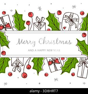 Helle Weihnachts- und Neujahrsgrußkarten mit stechpalme, Beeren, Geschenken und Schneeflocken. Saisonaler Hintergrund für Feiertage, Rahmen für Textgrüße, Ankündigungen und Winterverkäufe. Stock Vektor