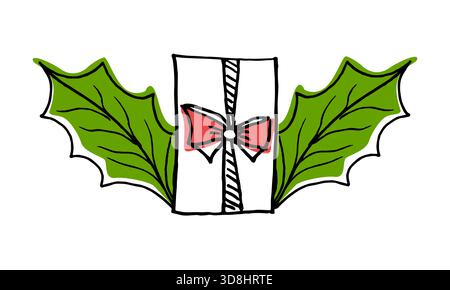 Weiße Geschenkbox mit roter Schleife und grünen stechpalmenblättern, handgezeichnete Illustration im Stil von Scribbles. Geschenkkonzept, Sonderpreisgestaltung, Weihnachtsverkauf und Neujahrsverkauf in Geschäften. Weihnachtsdesign Stock Vektor