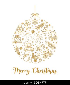 Weihnachtsbaumkugel aus Silvester-Ikonen, goldfarbene Umrissabbildungen. Weihnachtsgrußkartenvorlage, Textildruck. Lineare Symbole, Muster in Form eines runden Weihnachtsbaumschmucks Stock Vektor