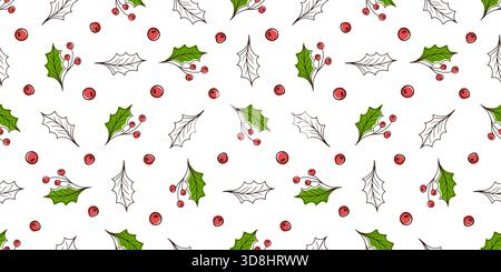 Nahtloses Weihnachtsmuster mit handgezeichneten stechpalmenblättern und roten Beeren im Doodle-Stil. Feiertagshintergrund für Geschenkverpackungen, Stoff und Grußkarten. Immergrüne Winterpflanze, saisonale Einrichtung. Stock Vektor