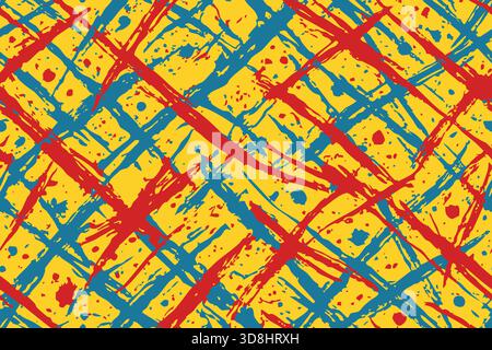 Nahtloser gelber Hintergrund mit blauen und roten Schraffurstrichen im groben Schraffurlayout. Stock Vektor