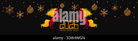 Chinesisches Neujahrsbanner für 2026. Die Komposition kombiniert zwei stilisierte rote Pferde mit einem geometrischen goldenen 2026-Emblem Stock Vektor