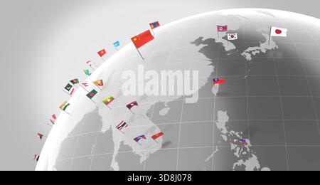 Asien – Landesgrenzen und -Flaggen – 3D-Illustration Stockfoto