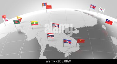 Asien – Landesgrenzen und -Flaggen – 3D-Illustration Stockfoto