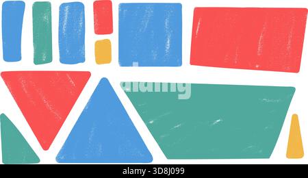 Handgezeichnetes buntes, unregelmäßiges geometrisches Formset. Einfache Textfelder Kinderrahmen. Dreiecke, quadratische und gestreifte Rechteckfiguren. Handgezeichneter Vektor ca. Stock Vektor