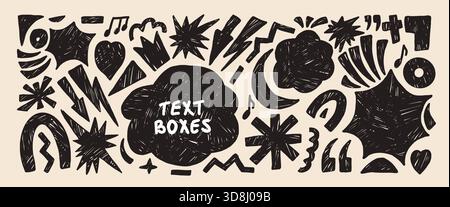 Textfelder handgezeichneter Hintergrund. Geometrische und abstrakte Linolschnittfiguren handgefertigtes Kritzelset. Musiknotiz, Blitz, Pfeile, Herzaufkleber. Vektor Stock Vektor