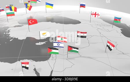 Naher Osten - Landesgrenzen und -Flaggen - 3D-Illustration Stockfoto