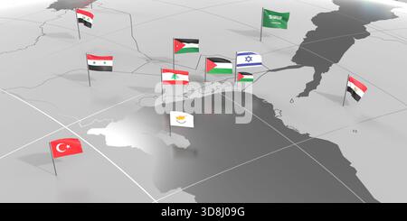 Naher Osten - Landesgrenzen und -Flaggen - 3D-Illustration Stockfoto