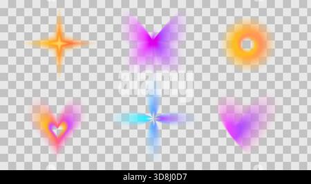 Symbole für Unschärfe-Abstufung y2k. Herz mit Verlaufskreis, Blumen gesetzt. Helle Aura Regenbogenform. Schlichte, farbenfrohe Figuren. Vektor-Neon-Kolleg Stock Vektor