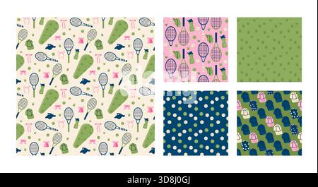 Kollektion mit flachem, nahtlosem Design für den Tennissport. Aktive Schläger und Bälle im Hintergrund. Sportlicher Wiederholungsdruck für Geschenkpapier, Hintergründe, Stock Vektor