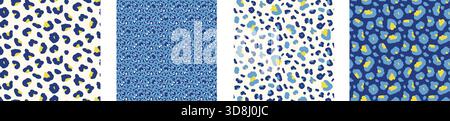 Blaugelbes, nahtloses Tiermuster. Leopard erkennt Hintergründe eingestellt. Vektor nahtlos bg. Trendige Monochrom-Gepardenmuster von CAMO. Stock Vektor