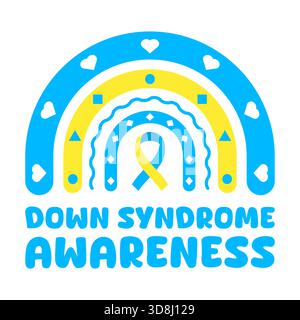 Down-Syndrom-Awareness-Regenbogen mit blauem und gelbem Band. Perfekt für medizinische Kampagnen, Advocacy-Projekte, Bildung und Inklusion. Vektor. Stock Vektor