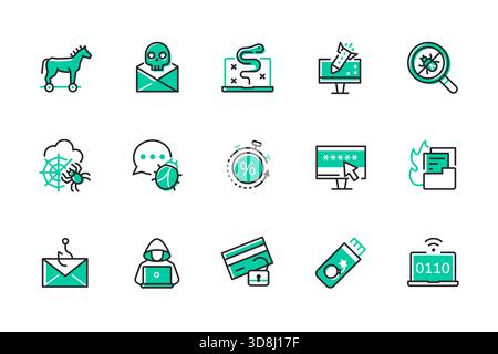 Computerangriffe – eine Reihe von Symbolen im Liniendesign Stock Vektor