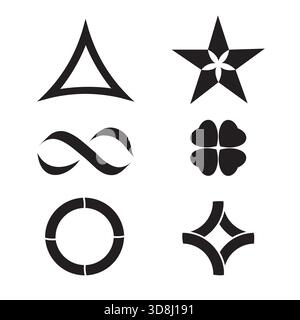 Satz von Symbolen Schwarz-weiß-Farben mit Stern, Unendlichkeitssymbol, Kreis und Klee Stock Vektor