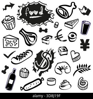 Set Doodles - Food Elements and Objects Schwarze und weiße Sandflasche, Wein und Gebäck Stock Vektor