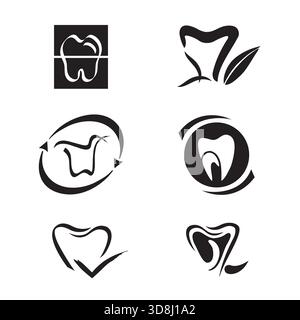 Set mit sechs Zahnsymbolen in verschiedenen Formen für Logo Design Vektor Schwarz und weiß Stock Vektor