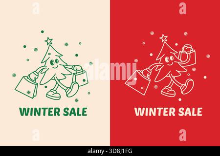 Fichtenbaum Happy Holiday Winter Sale Retro Maskottchen Illustration gehen mit Einkaufstasche Weihnachten und Neujahr Stock Vektor