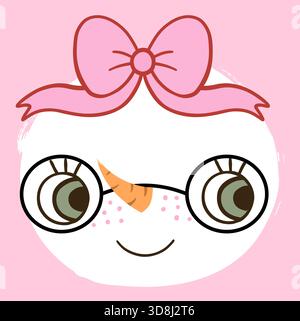 Niedliches Vektor-Schneemannmädchen Gesicht mit Brille und rosa Schleife, Weihnachtsfeierillustration Stock Vektor
