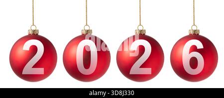 2026 Happy New Year Weihnachtsball isoliert auf weißem Hintergrund. Rote Weihnachtskugel. Stockfoto