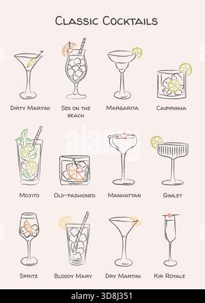 Retro-Cocktail-Poster mit klassischen Getränken im skurrilen Doodle-Stil. Handgezeichnete Barglassymbole für Wandbilder in der Küche, Menü, Mixologie-Guide oder Stock Vektor