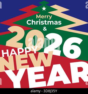 Frohe weihnachten und frohes neues Jahr 2026, 26 Grußkarten, Poster. Weihnachtsbaum, Stern. Einfaches, flaches Design für Banner, Einladung, Grußkarte Stock Vektor