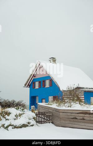 Blaues Reetdachhaus mit Schnee bedeckt, Graswarder, Heiligenhafen Stockfoto