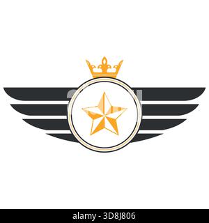 Abbildung eines kreisförmigen Logos mit Flügeln und Sternen auf weißem Hintergrund Stock Vektor