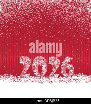Happy New Year Feiertag Hintergrund mit Schneeflocken und Schriftzug 2025. Winterweihnachten mit schneebedecktem Grußkartendesign über rotem festlichem Vorhang Stock Vektor
