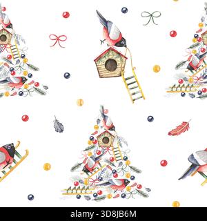 Aquarell Weihnachtsbäume Vogelhäuser Ornamente nahtlose Muster Stockfoto