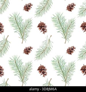 Tannenzweige und braune Kegel Aquarellmuster auf isoliertem Hintergrund. Winter Weihnachten Tannenzapfen und immergrüne Zweige verzieren sich Stockfoto