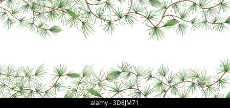 Grüne Kiefernäste. Europäische Lärche oder Larixbaum (Larix decidua). Wunderschöne horizontale Grenze mit Naturthema. Aquarellabbildung. Kopierbereich Stockfoto