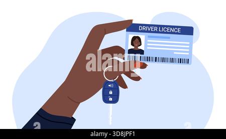 Hand der afroamerikanischen Person, die Führerschein und Autoschlüssel hält, Identifikation und Fahrzeugzugang repräsentiert, moderne flache Art, offizielle Dokumentkonzeptvektorillustration Stock Vektor