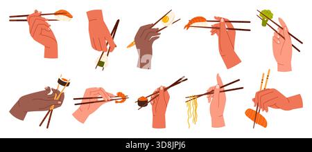 Verschiedene Hände, die Essstäbchen verwenden, um Sushi, Nudeln und Gemüse zu halten, zeigen verschiedene Essgesten und asiatische Küche Kultur, isoliert auf weißem Hintergrund Vektor Illustration Stock Vektor