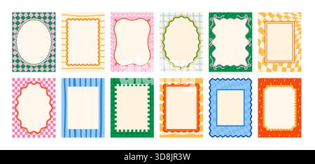 Set aus dekorativen Rahmen mit gewellten Kanten und geometrischen Hintergründen, ideal für Einladungen, Banner oder kreative Layouts. Trendige Vektorillustration im Retro- und abstrakten Stil Stock Vektor