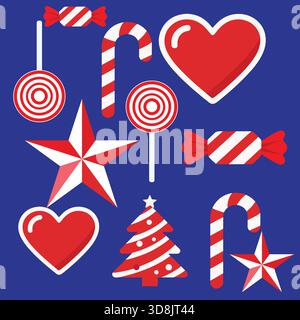 Rot und weiß gestreifte festliche Weihnachtsbonbons Sortiment einschließlich Swirl Lollipops Star Treats herzförmige Süßigkeiten Weihnachten Thema Vektor Design Muster Stock Vektor