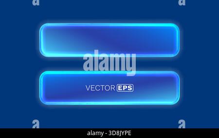 Set aus zwei leuchtend blauen Neonknöpfen mit abgerundeten Ecken auf dunkelblauem Hintergrund. Vektorabbildung Stock Vektor