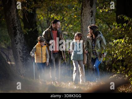 Vierköpfige Familie spaziert durch den sonnigen Wald, genießt ihre Wanderung, während sie Wanderstöcke trägt und tagsüber zusammen lächelt Stockfoto