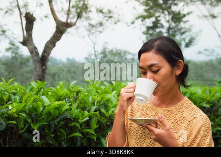 Südostasiatische junge Erwachsene Frau in lässiger Kleidung, die einen Schluck heißen Tee aus der Tasse nimmt, während sie die grüne Landschaft auf einer Teeplantage am Morgen genießt Stockfoto