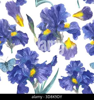Nahtloses Blumenmuster mit Irisblumen, Blütenblättern, Knospen und Schmetterlingen auf weißem Hintergrund. Handgezeichnet in Aquarell. Stockfoto