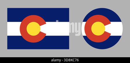 Colorado Rechteck, kreisförmige Flaggenabzeichen. Symbole für den Bundesstaat Colorado. USA kreisförmige, rechteckige Taste, Bannerset. Stock Vektor