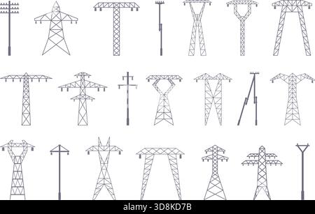 Elektrische Pylonen flache Symbole. Linienmasten Silhouetten, Hochspannungspylon. Isolierte Stromübertragungsinfrastruktur, Energienetzelemente, sapid Stock Vektor