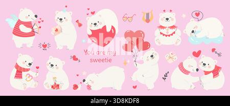 Valentinstag Eisbär. Weiße Bären mit roten Herzen, Süßigkeiten, Ballons. Süße Tierfiguren, romantische Maskottchen heutzutage Vektor-Clipart Stock Vektor